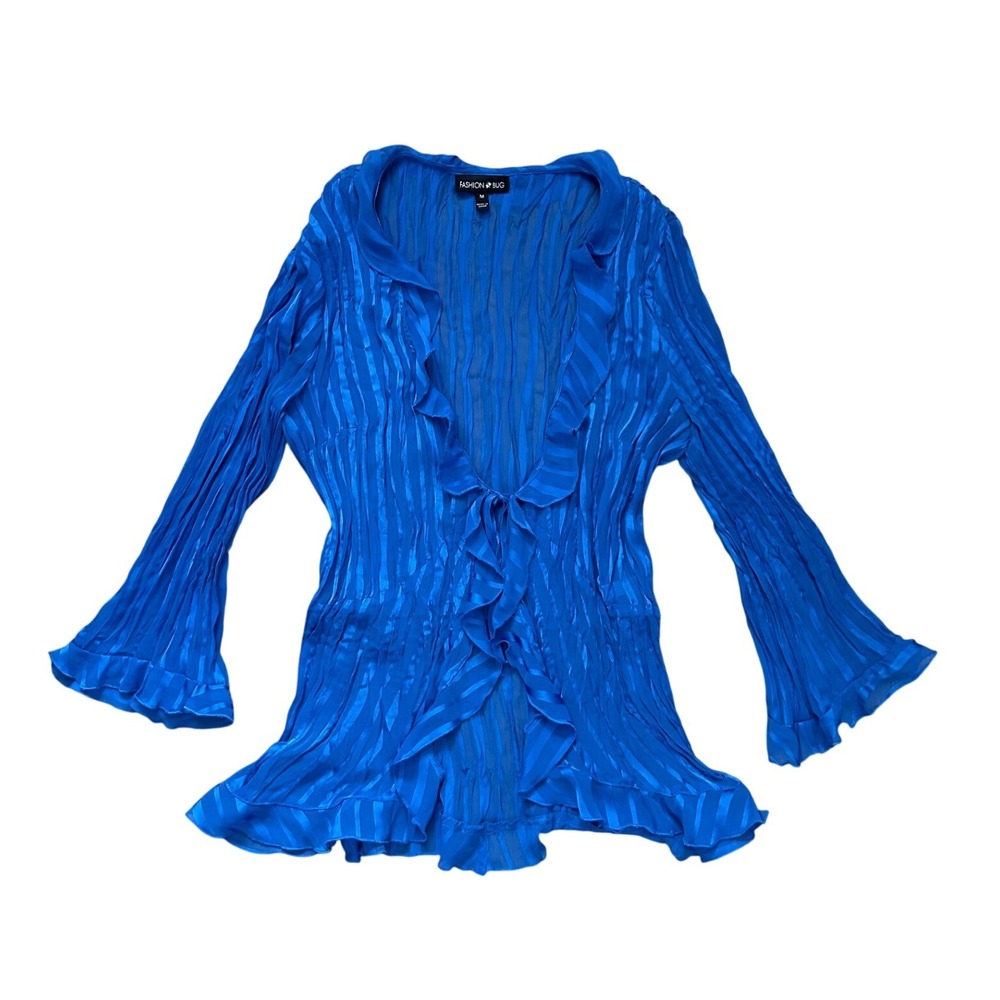 Blue Sheer Pleated Ruffle Pirate boho Blouse Vintage Bell Sleeve Medium‎